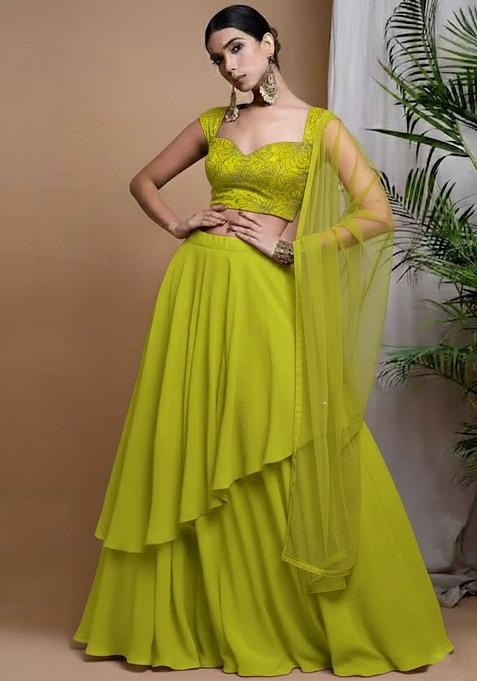 Lime Green Embroidered Chinon Lehenga Set — view on Indya