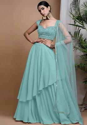 Blue Embroidered Chinon Lehenga Set