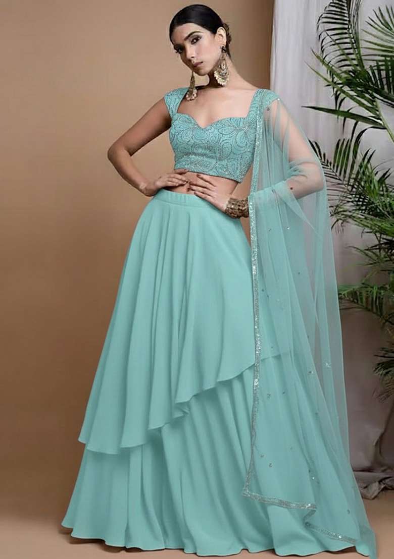 Blue Embroidered Chinon Lehenga Set - Indya