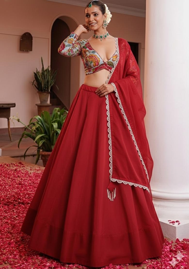 Crimson Red Floral Print Crepe Lehenga Set - Indya