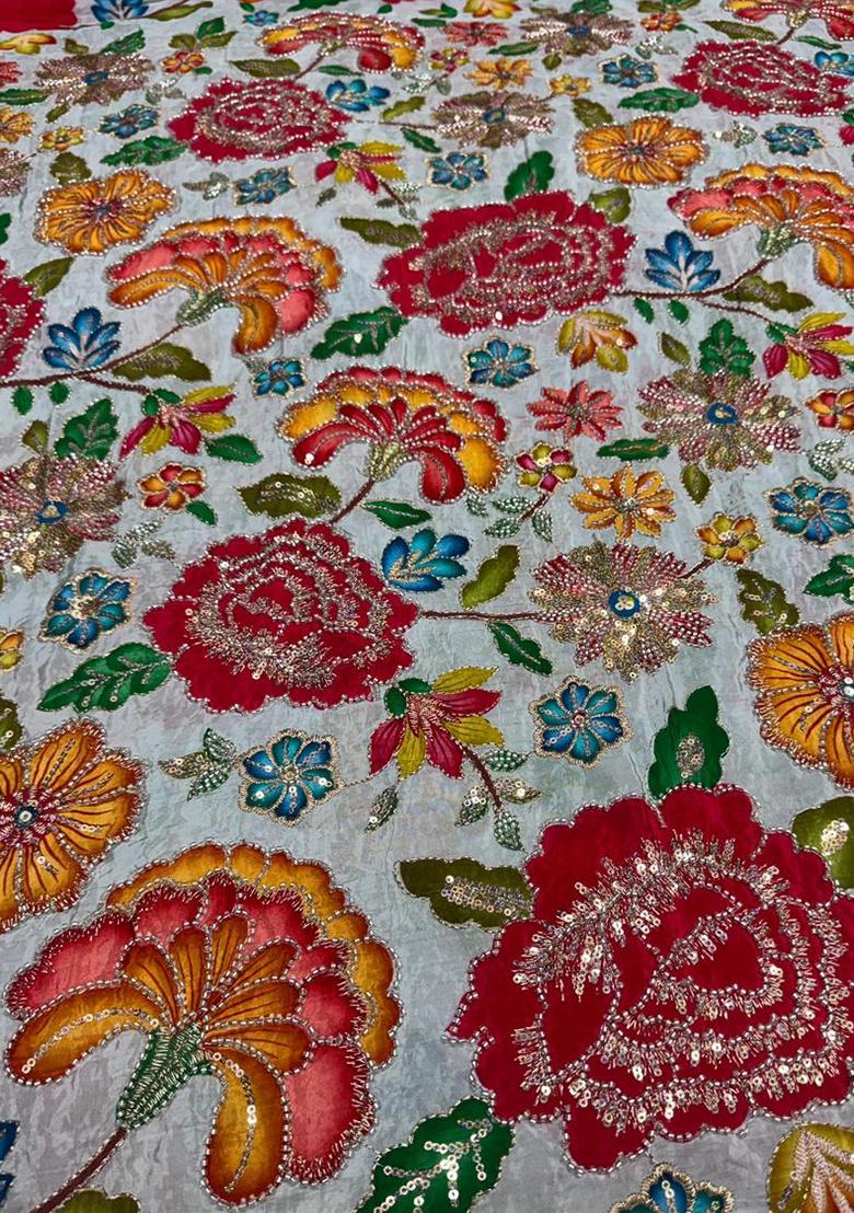 Crimson Red Floral Print Crepe Lehenga Set - Indya