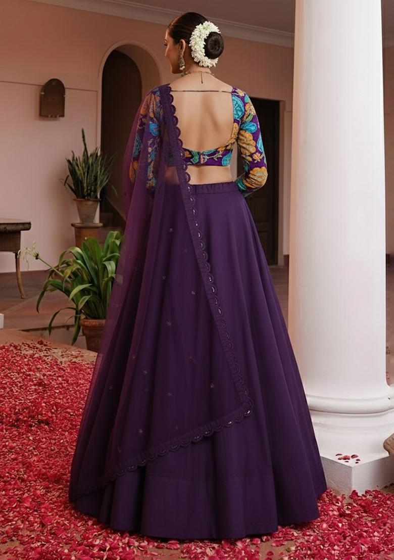 Purple Floral Print Crepe Lehenga Set - Indya