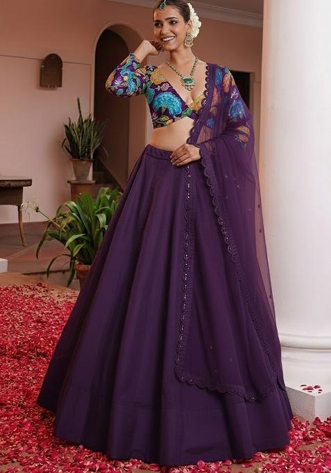Purple Floral Print Crepe Lehenga Set