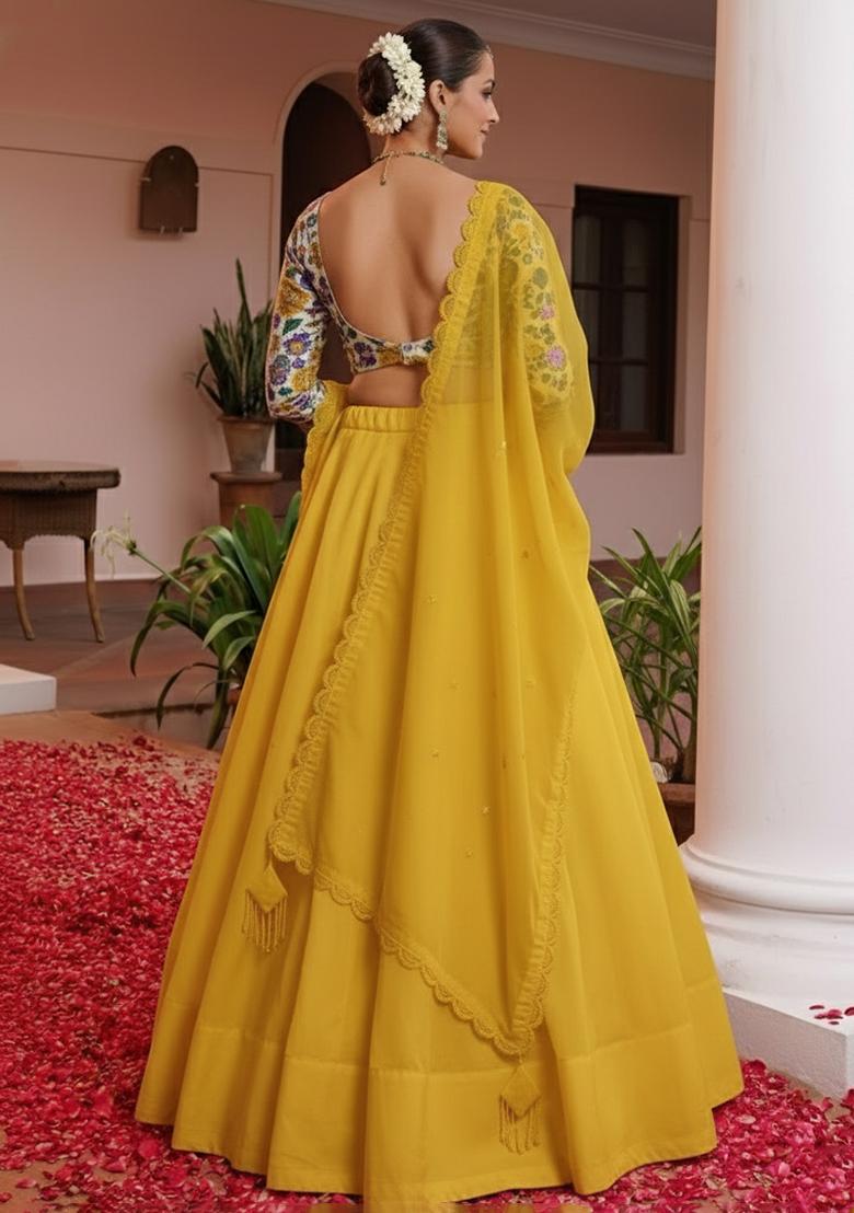 Yellow Floral Print Crepe Lehenga Set - Indya