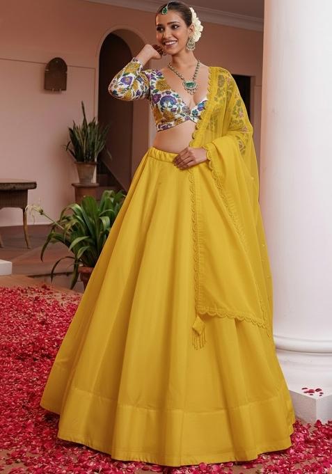 Yellow Floral Print Crepe Lehenga Set