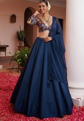 Midnight Blue Floral Print Crepe Lehenga Set
