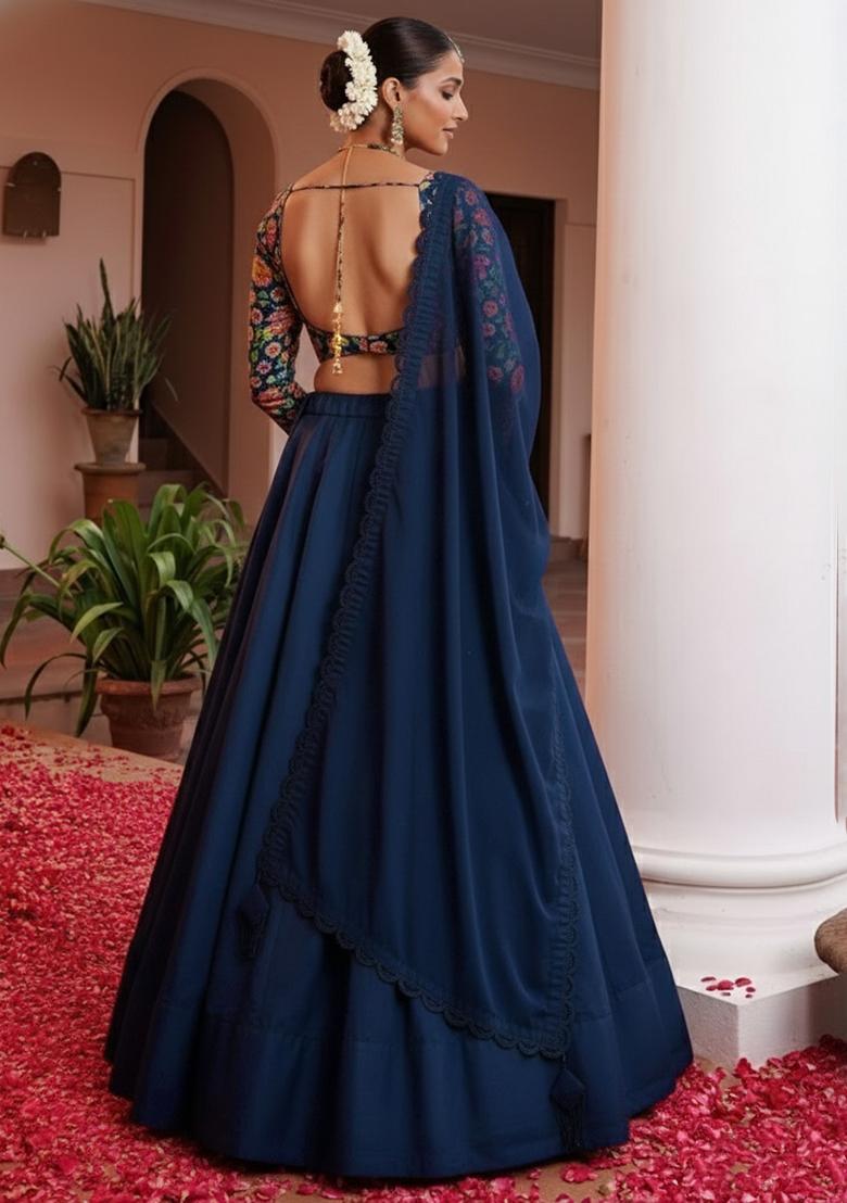 Midnight Blue Floral Print Crepe Lehenga Set - Indya