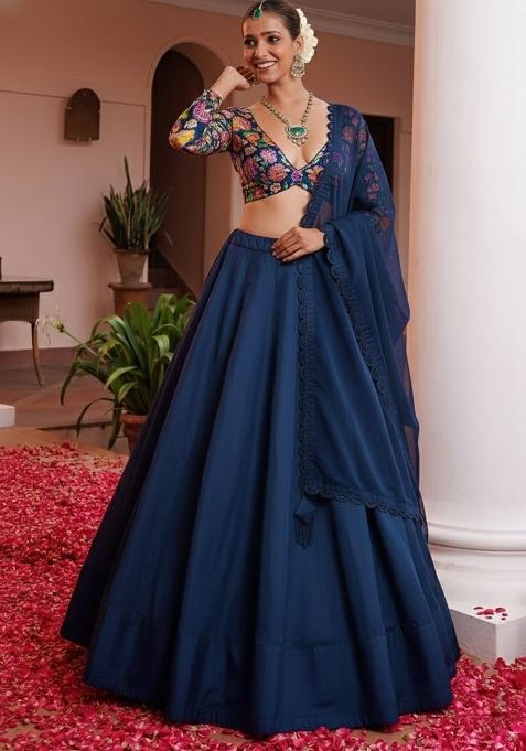 Midnight Blue Floral Print Crepe Lehenga Set