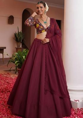 Deep Maroon Floral Print Crepe Lehenga Set