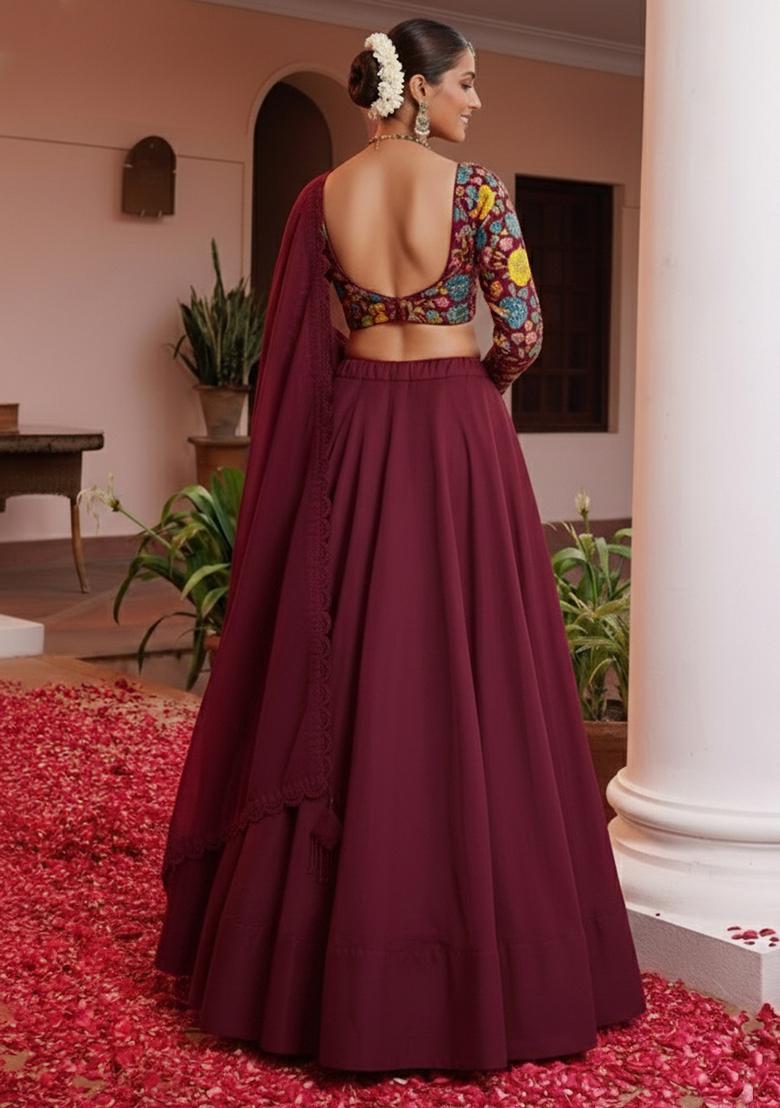 Deep Maroon Floral Print Crepe Lehenga Set - Indya