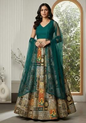 Teal Blue Embroidered Crepe Lehenga Set