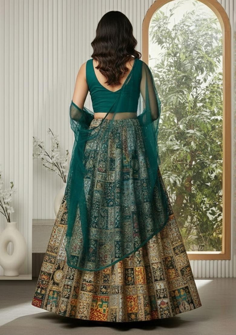 Teal Blue Embroidered Crepe Lehenga Set - Indya