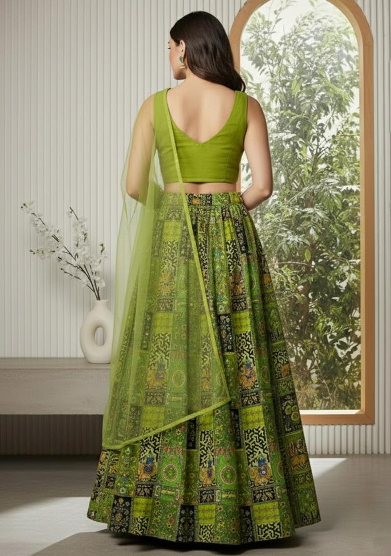 Lime Green Embroidered Crepe Lehenga Set - Indya