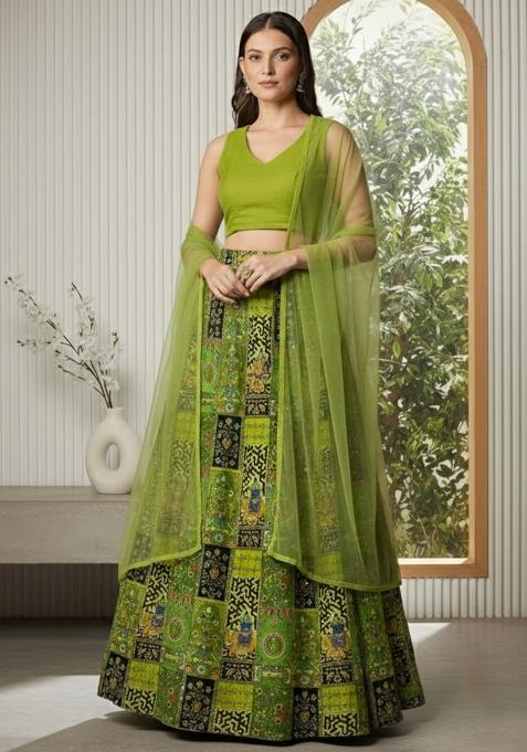 Lime Green Embroidered Crepe Lehenga Set