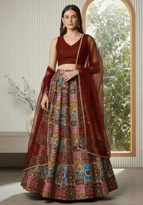 Deep Maroon Embroidered Crepe Lehenga Set
