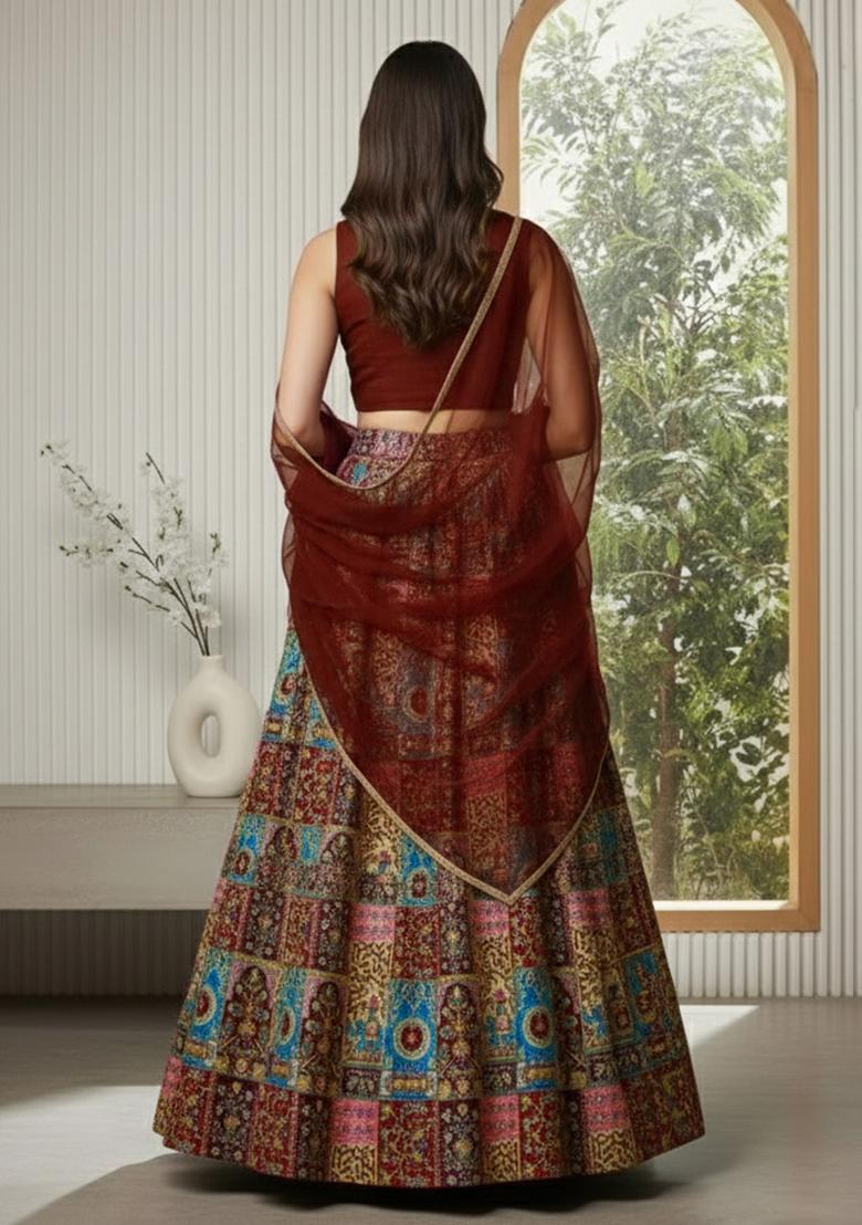 Deep Maroon Embroidered Crepe Lehenga Set - Indya