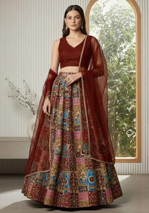 Deep Maroon Embroidered Crepe Lehenga Set