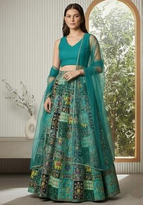 Teal Blue Embroidered Crepe Lehenga Set