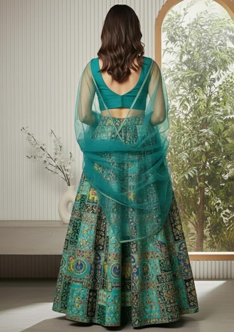 Teal Blue Embroidered Crepe Lehenga Set - Indya