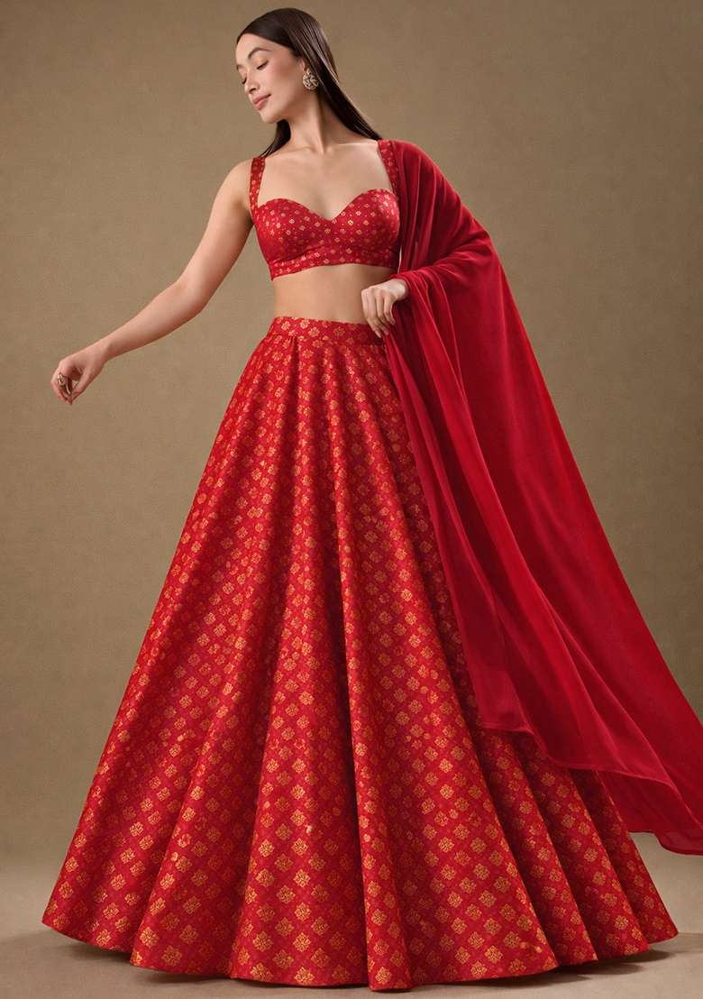 Red Brocade Lehenga Set for Diwali and Festive Wear - Indya