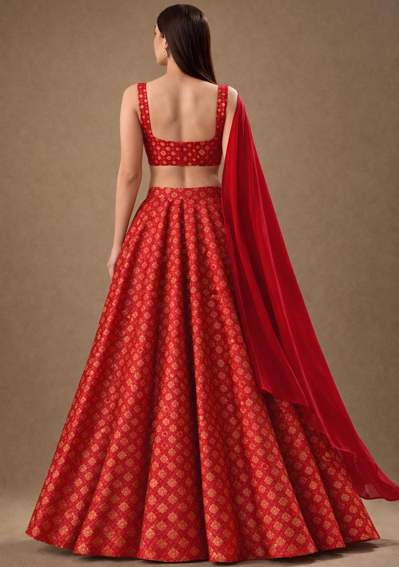 Red Brocade Lehenga Set - Indya