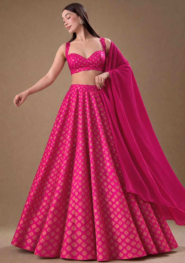 Rani Pink Brocade Lehenga Set for Diwali and Festive Wear - Indya