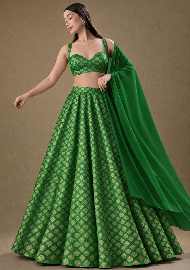 Green Brocade Lehenga Set for Diwali and Festive Wear - Indya