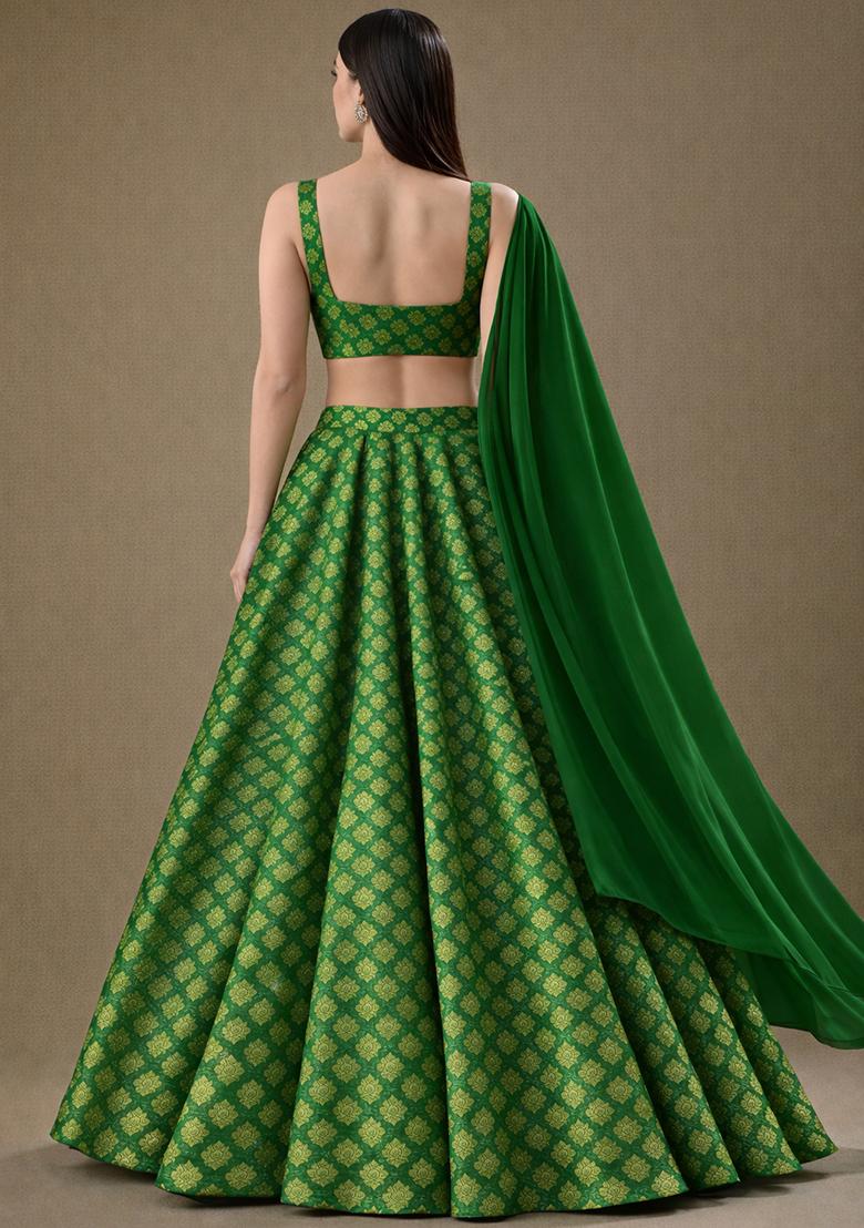 Green Brocade Lehenga Set - Indya
