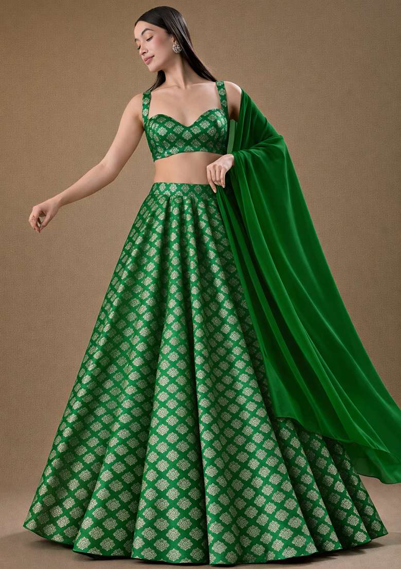 Bottle Green Brocade Lehenga Set for Diwali | Wedding & Festive Wear - Indya