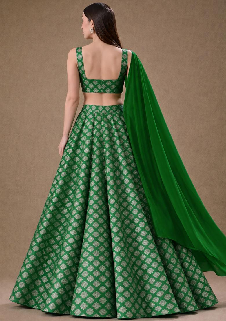 Bottle Green Brocade Lehenga Set - Indya