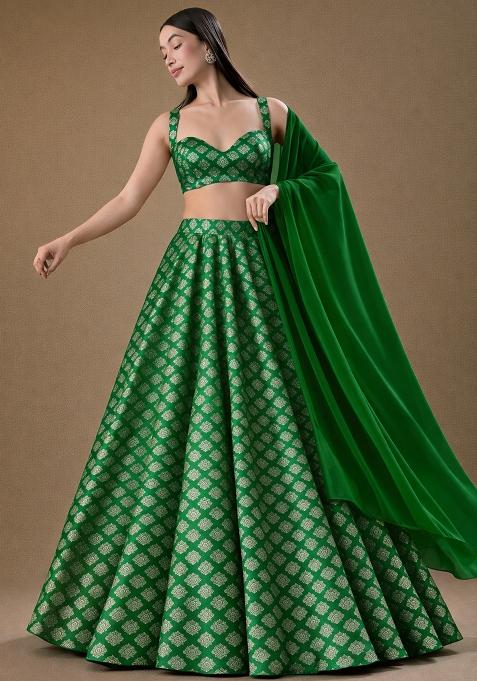 Bottle Green Brocade Lehenga Set