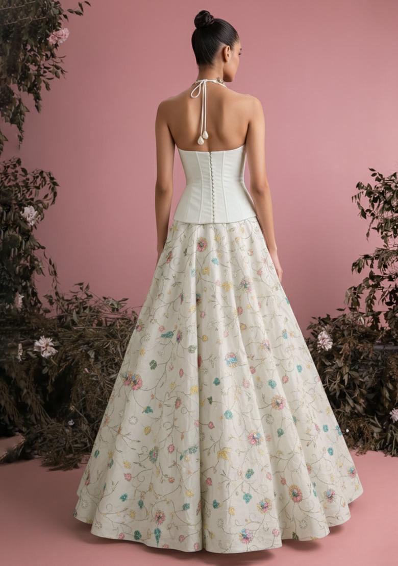 Off white Embroidered Tissue Lehenga Set - Indya