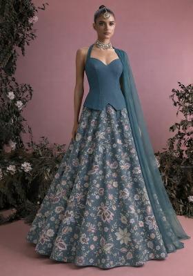 Teal Green Floral Print Crepe Lehenga Set