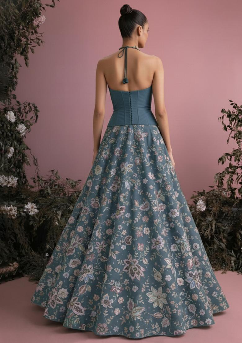 Teal Green Floral Print Crepe Lehenga Set - Indya