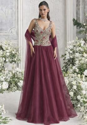 Wine Floral Print Organza Lehenga Set