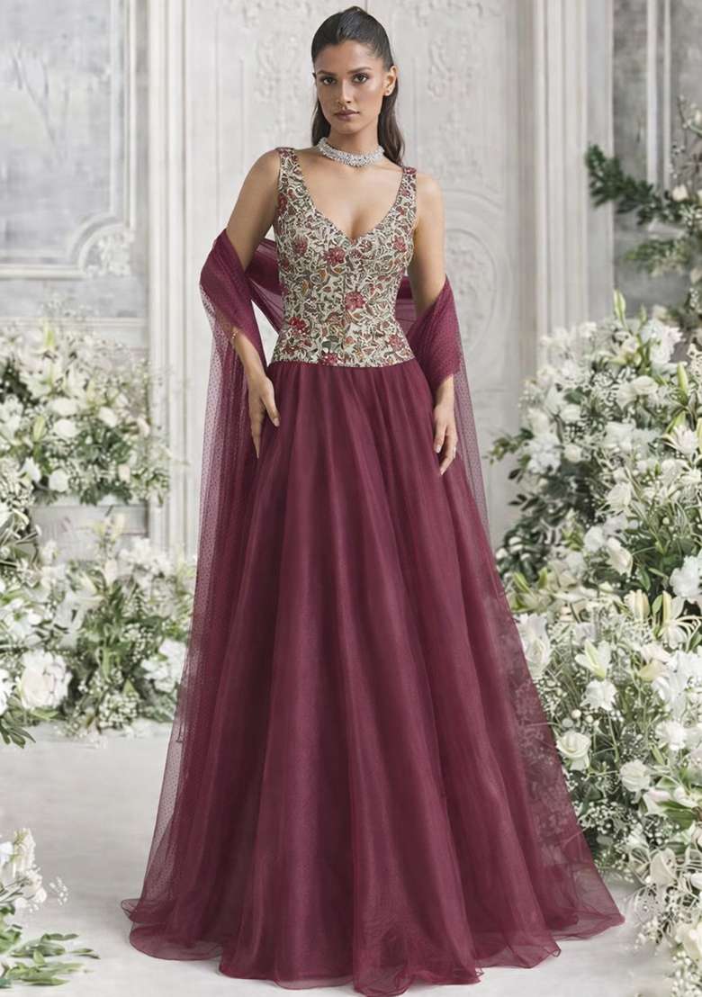 Wine Floral Print Organza Corset Blouse Lehenga Set - Indya
