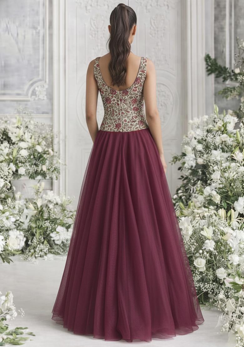 Wine Floral Print Organza Lehenga Set - Indya