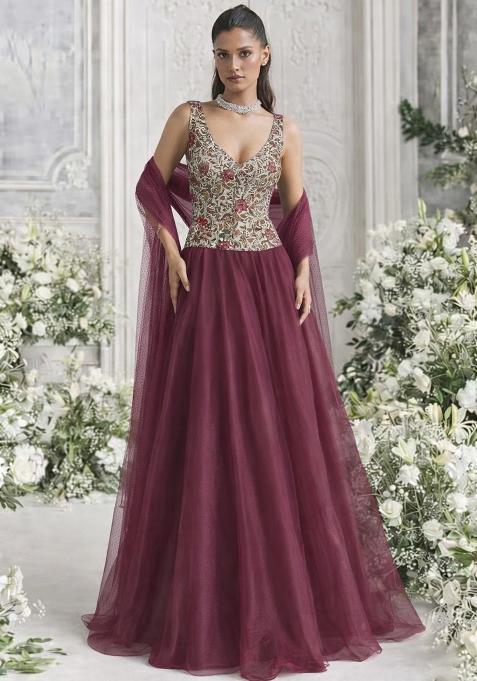 Wine Floral Print Organza Lehenga Set
