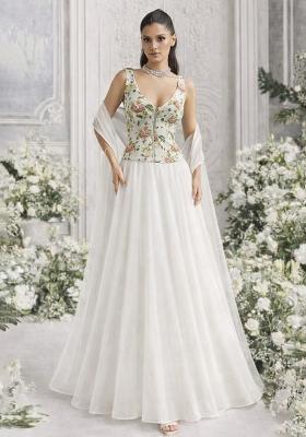 White Floral Print Organza Lehenga Set