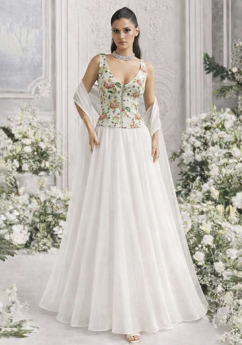 White Floral Print Organza Lehenga Set - Indya