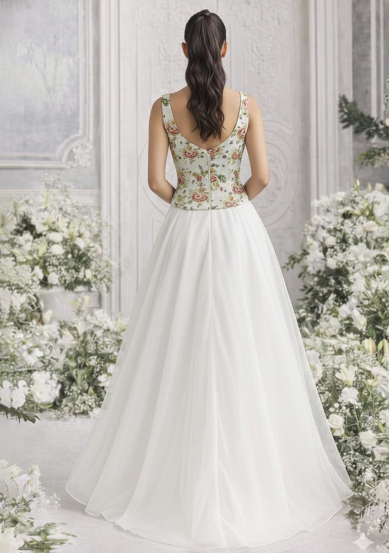 White Floral Print Organza Lehenga Set - Indya