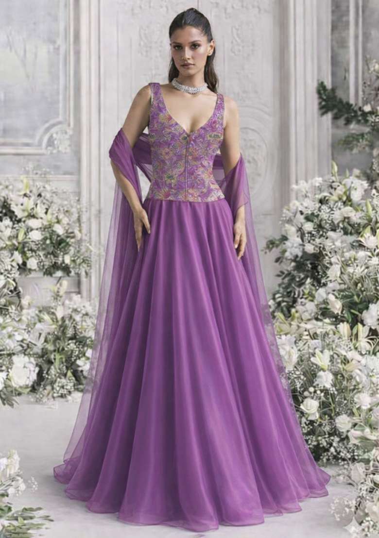 purple Floral Print Organza Corset Blouse Lehenga Set - Indya