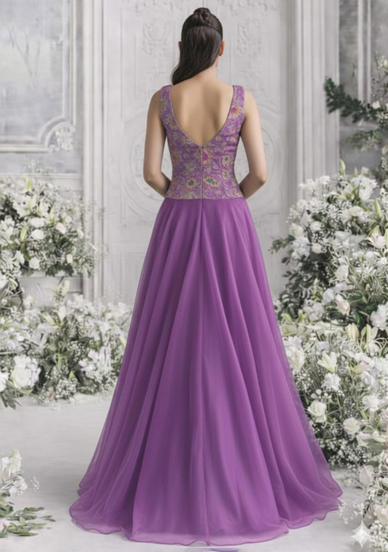 Purple Floral Print Organza Lehenga Set - Indya