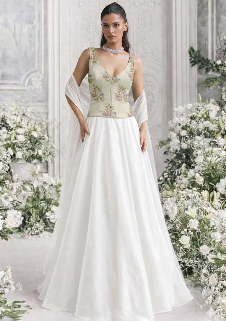 White Floral Print Organza Corset Blouse Lehenga Set - Indya