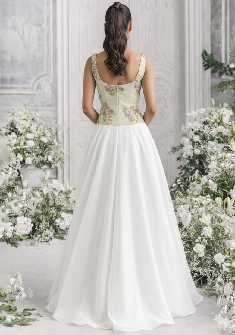 White Floral Print Organza Lehenga Set - Indya