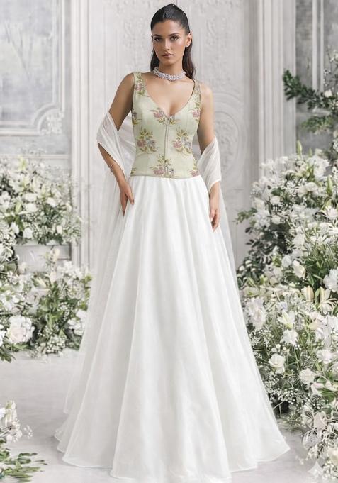 White Floral Print Organza Lehenga Set