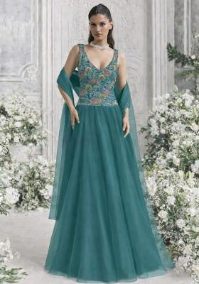 Teal Green Floral Print Organza Lehenga Set