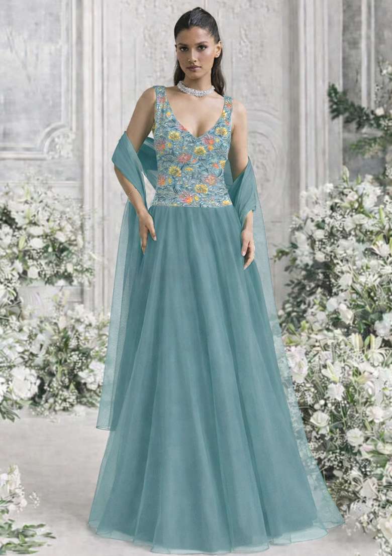 Floral Print Organza Corset Blouse Lehenga Set - Indya