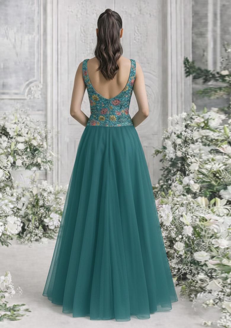 Teal Green Floral Print Organza Lehenga Set - Indya