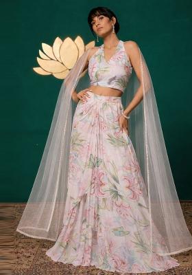 White Floral Print Chinon Lehenga Set